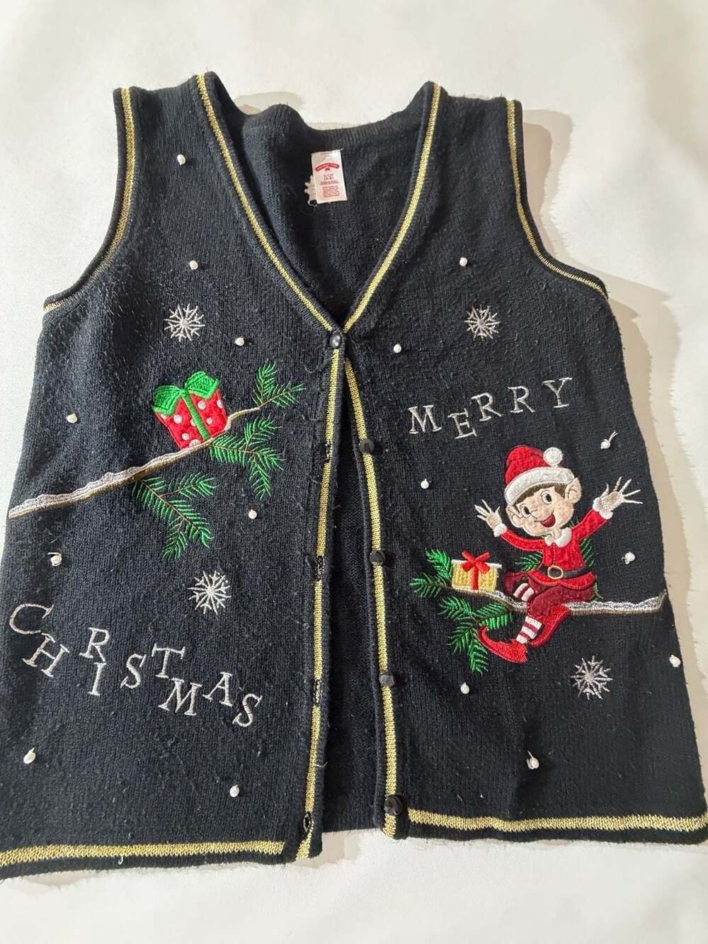Holiday Time Womens S Black Merry Christmas Elf Vest Beaded Ugly Sweater